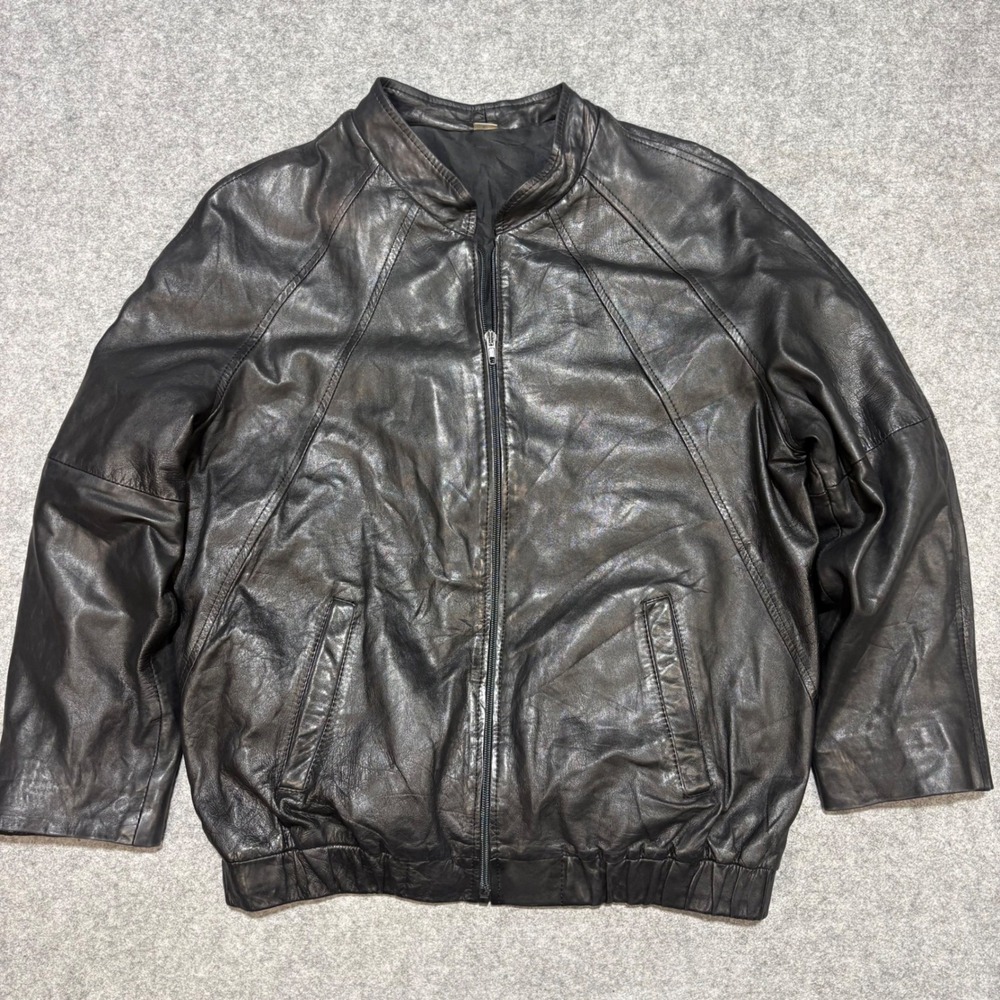Vintage Black Leather Bomber Jacket Made in Morocco Size 52 Raglan Sleeve Zip Up